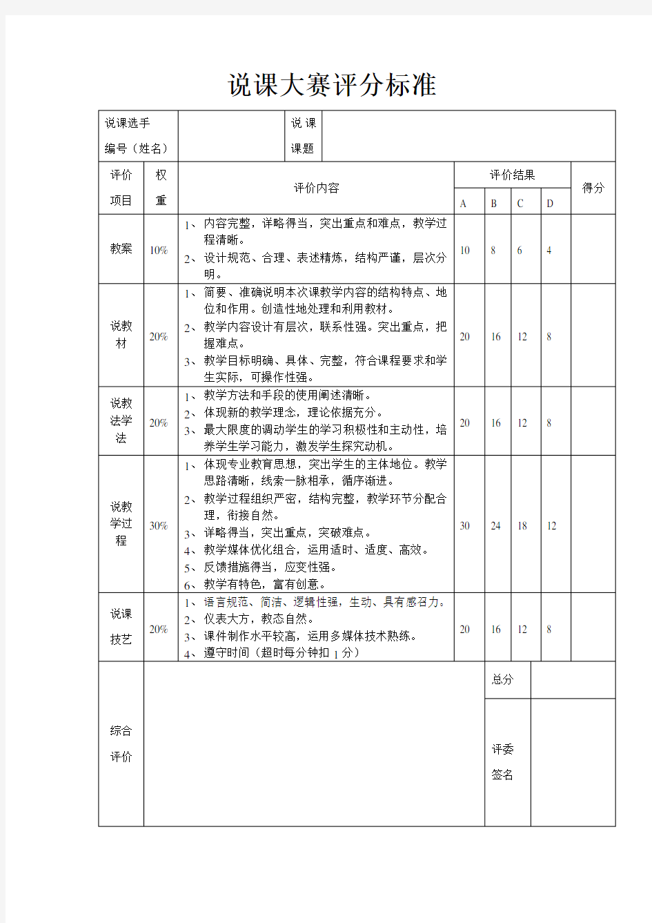 说课大赛评分标准