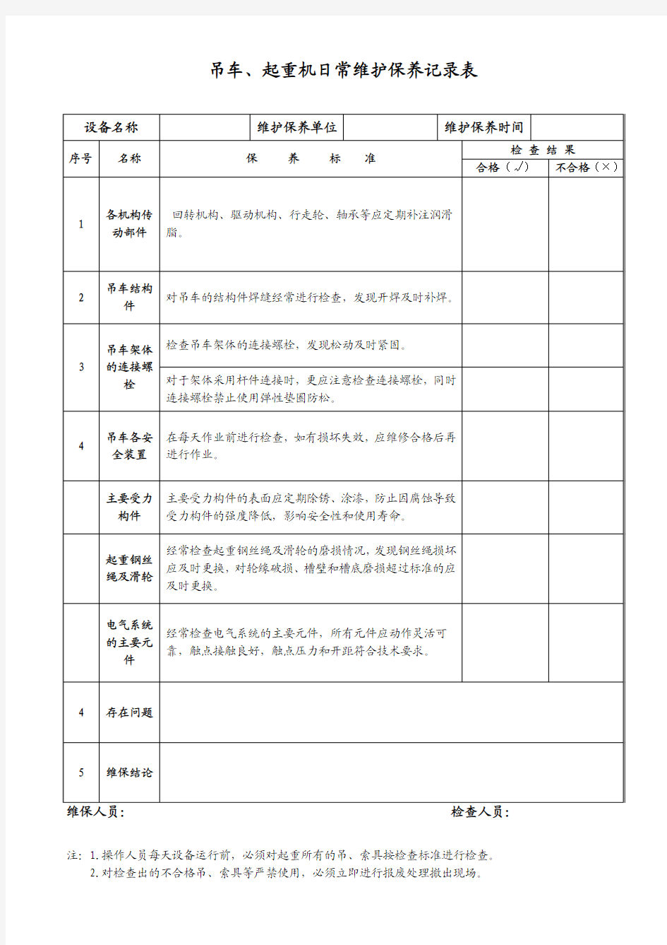 吊车维护保养记录表