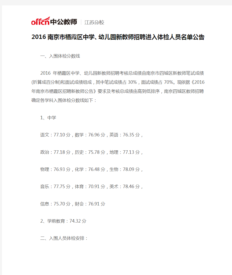 2016南京市栖霞区中学、幼儿园新教师招聘进入体检人员名单公告