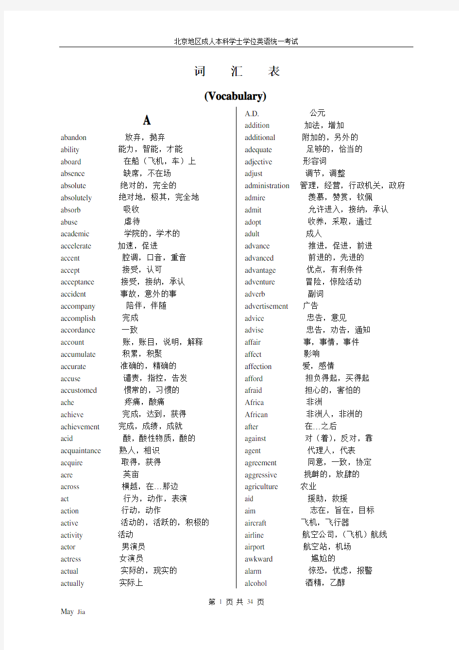 北京地区成人本科学位英语考试大纲词汇表