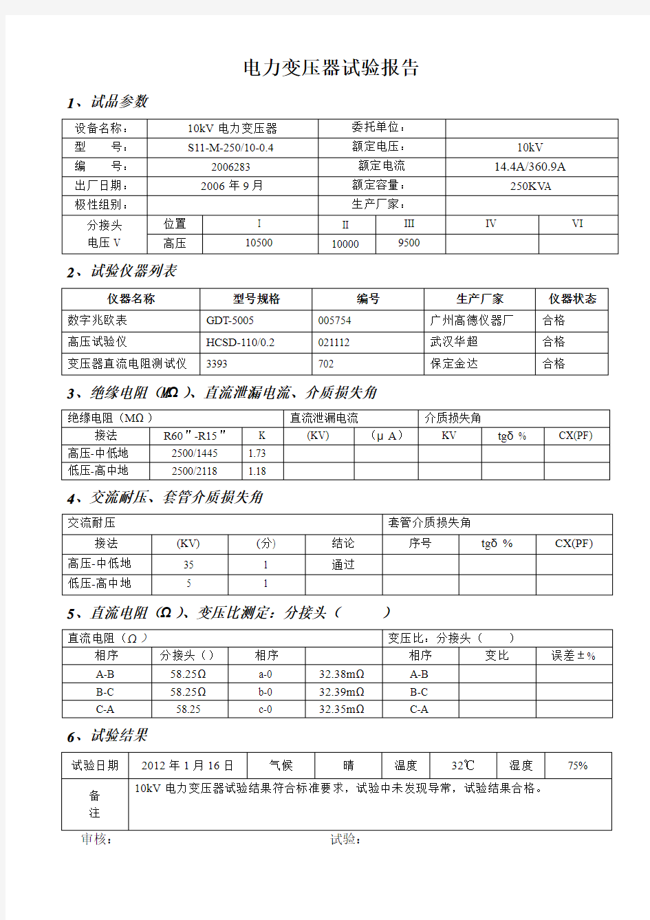 电力变压器试验报告