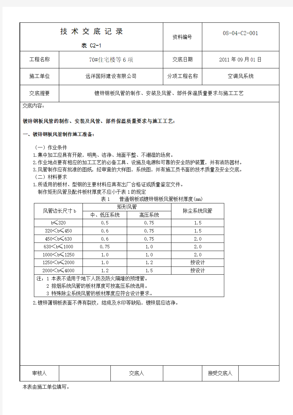 镀锌钢板风管的制作、安装及风管、部件保温质量要求与施工工艺