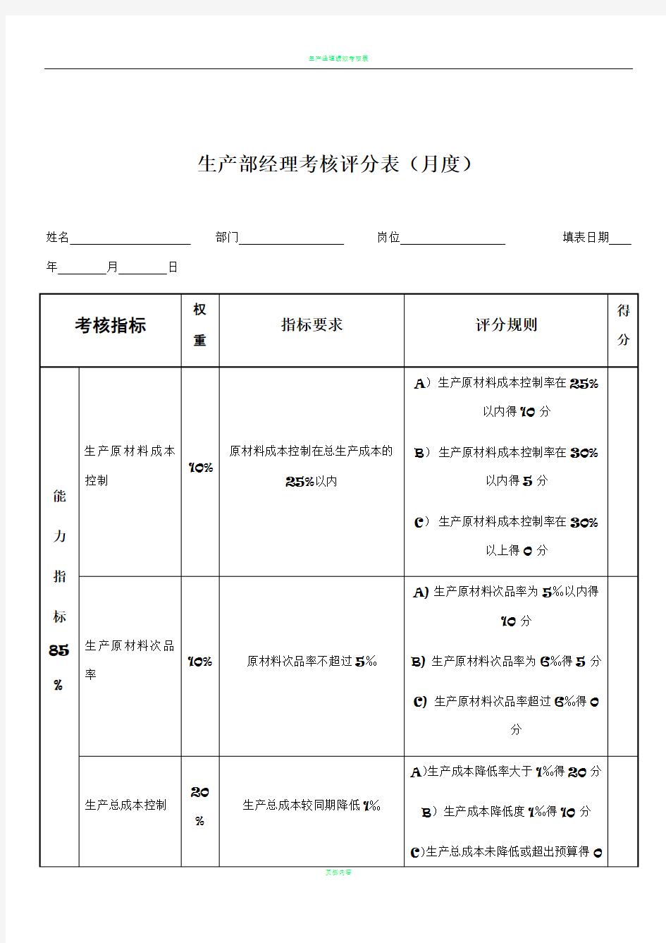 生产部经理绩效考核表