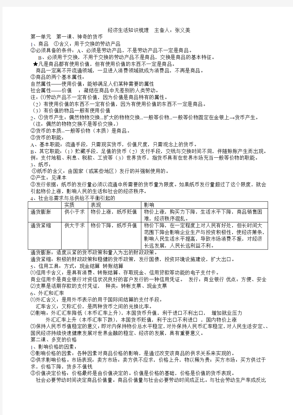 高中政治必修一经济生活最新知识点汇总