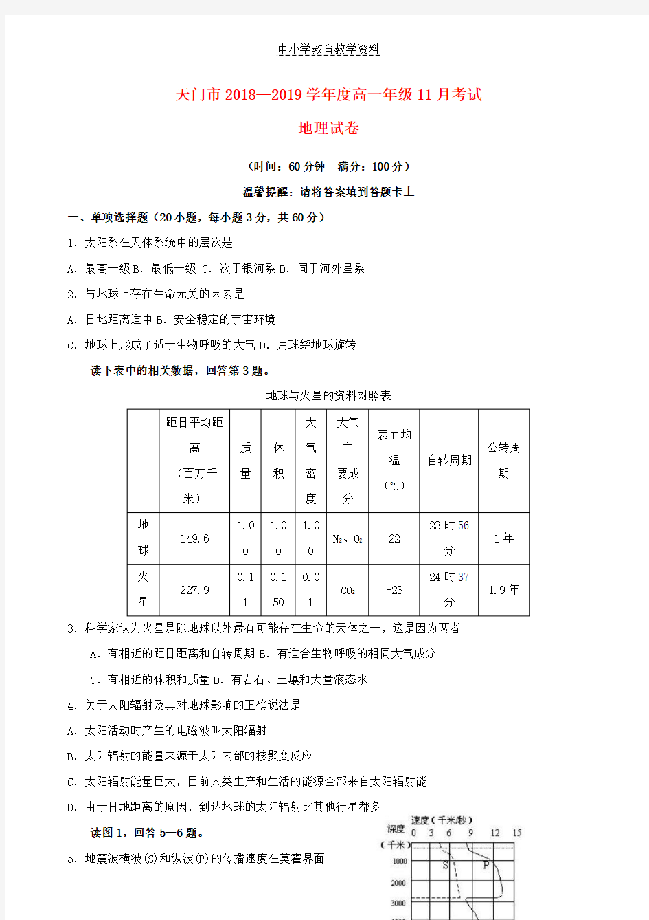 2018-2019学年高一地理11月月考试题