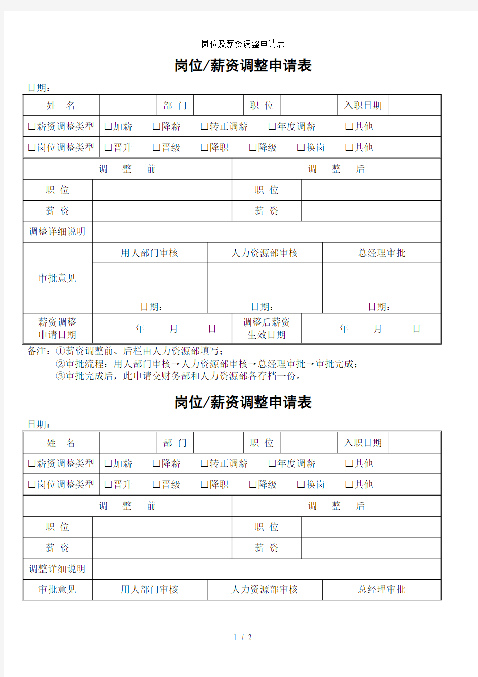 岗位及薪资调整申请表