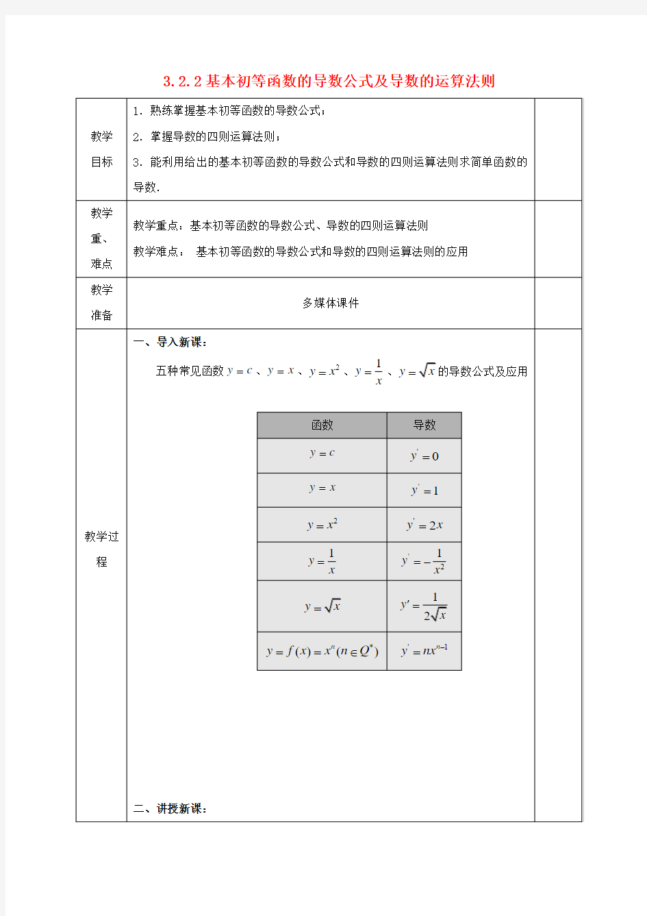 高中数学 第三章 导数及其应用 3_2 导数的计算 3_2_2 基本初等函数的导数公式及导数的运算法则教案 文 新人