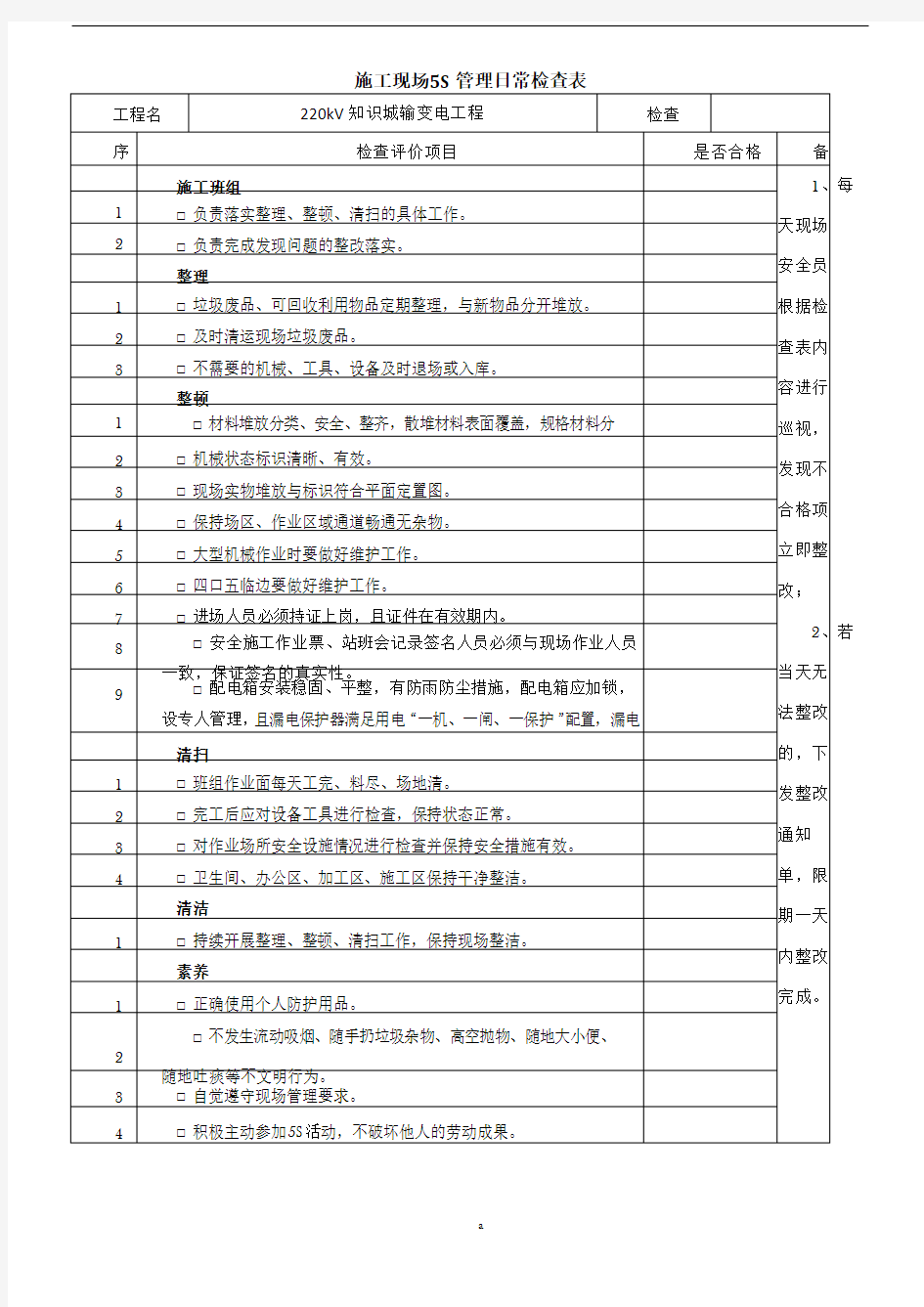 施工现场 5S管理日常检查表