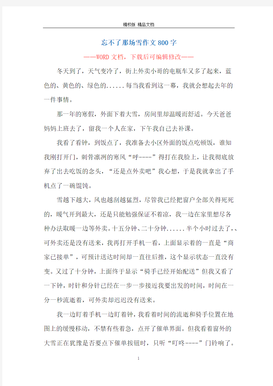 忘不了那场雪作文800字