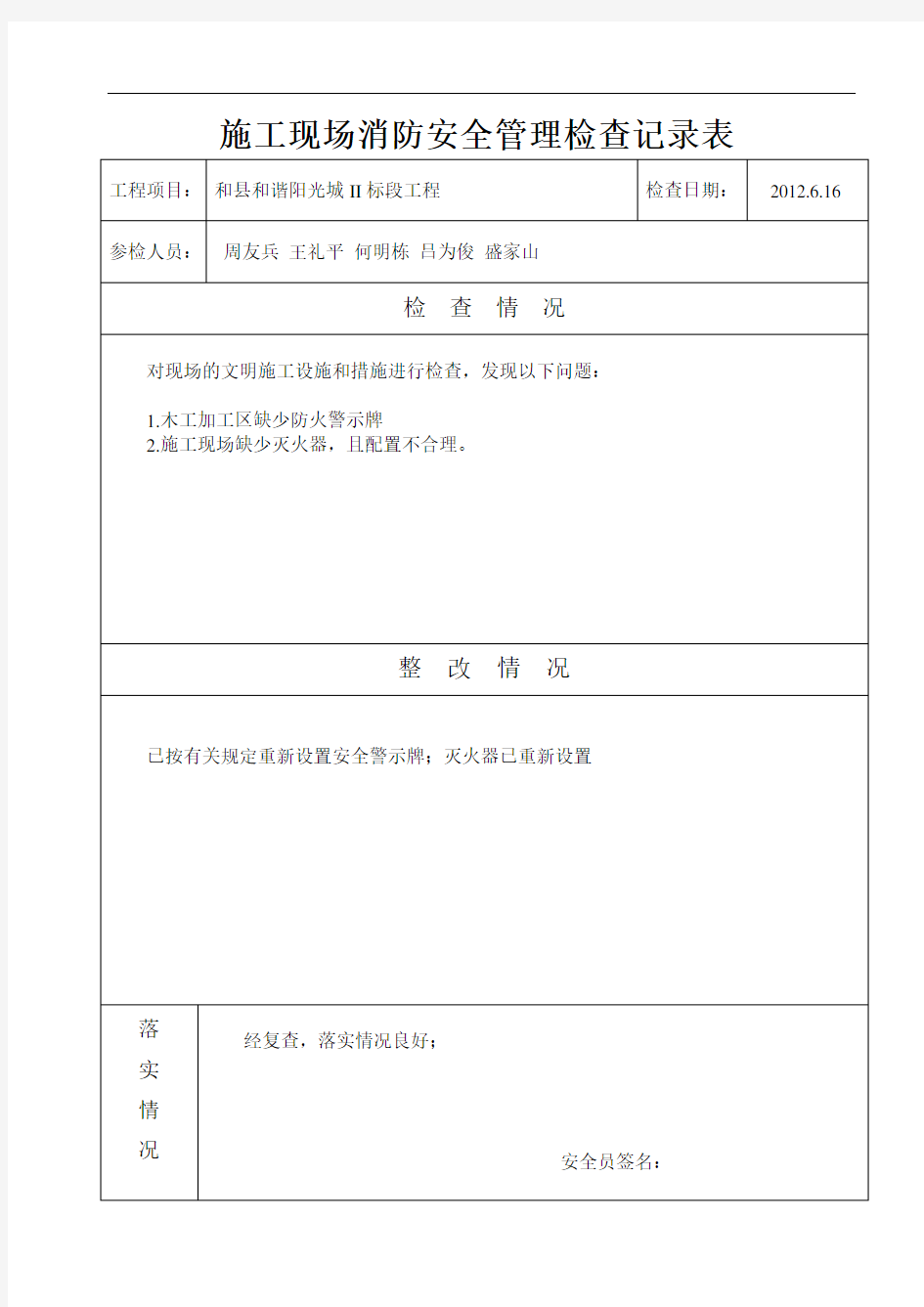 施工现场消防安全管理记录表