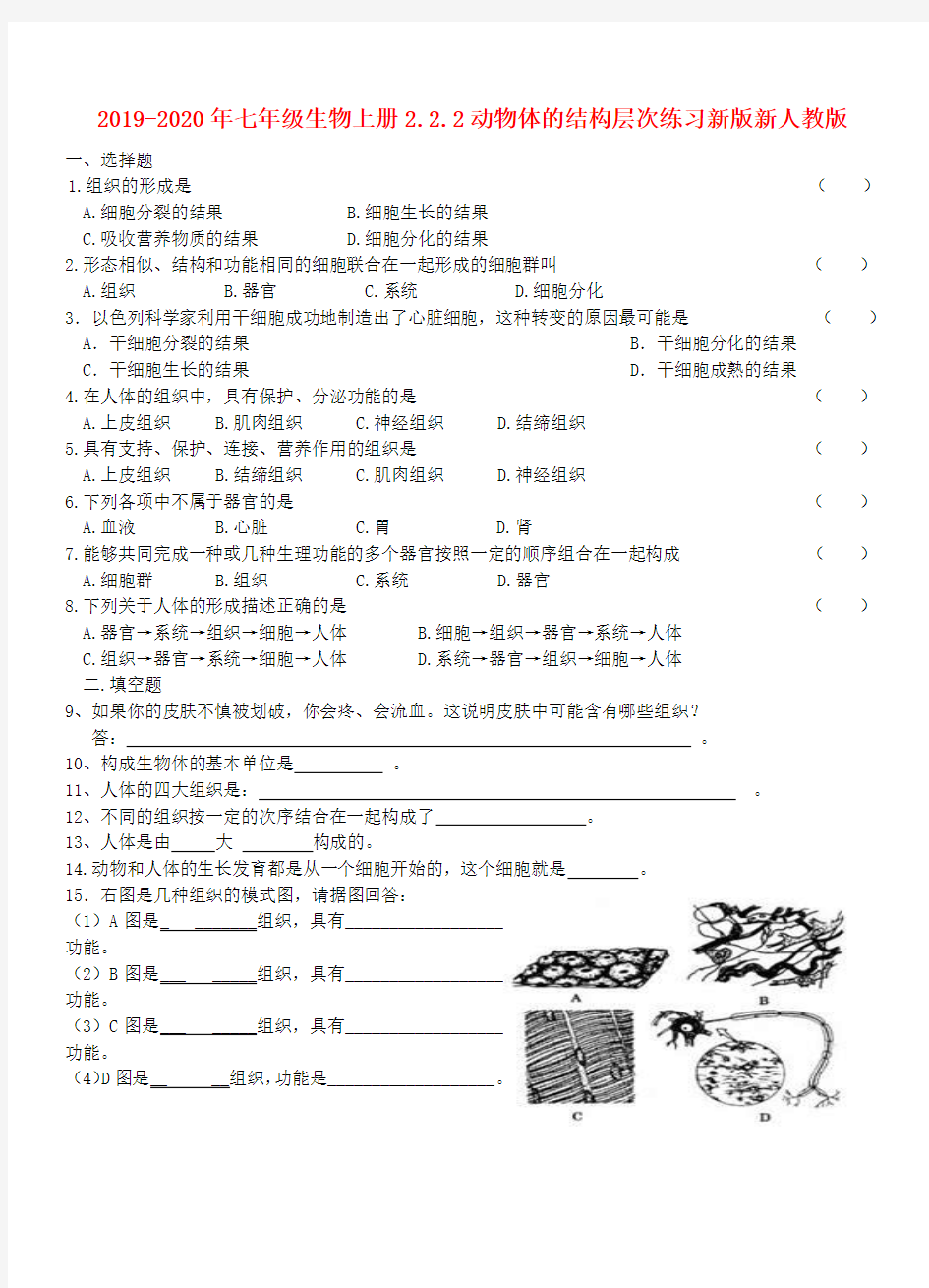 2019-2020年七年级生物上册2.2.2动物体的结构层次练习新版新人教版