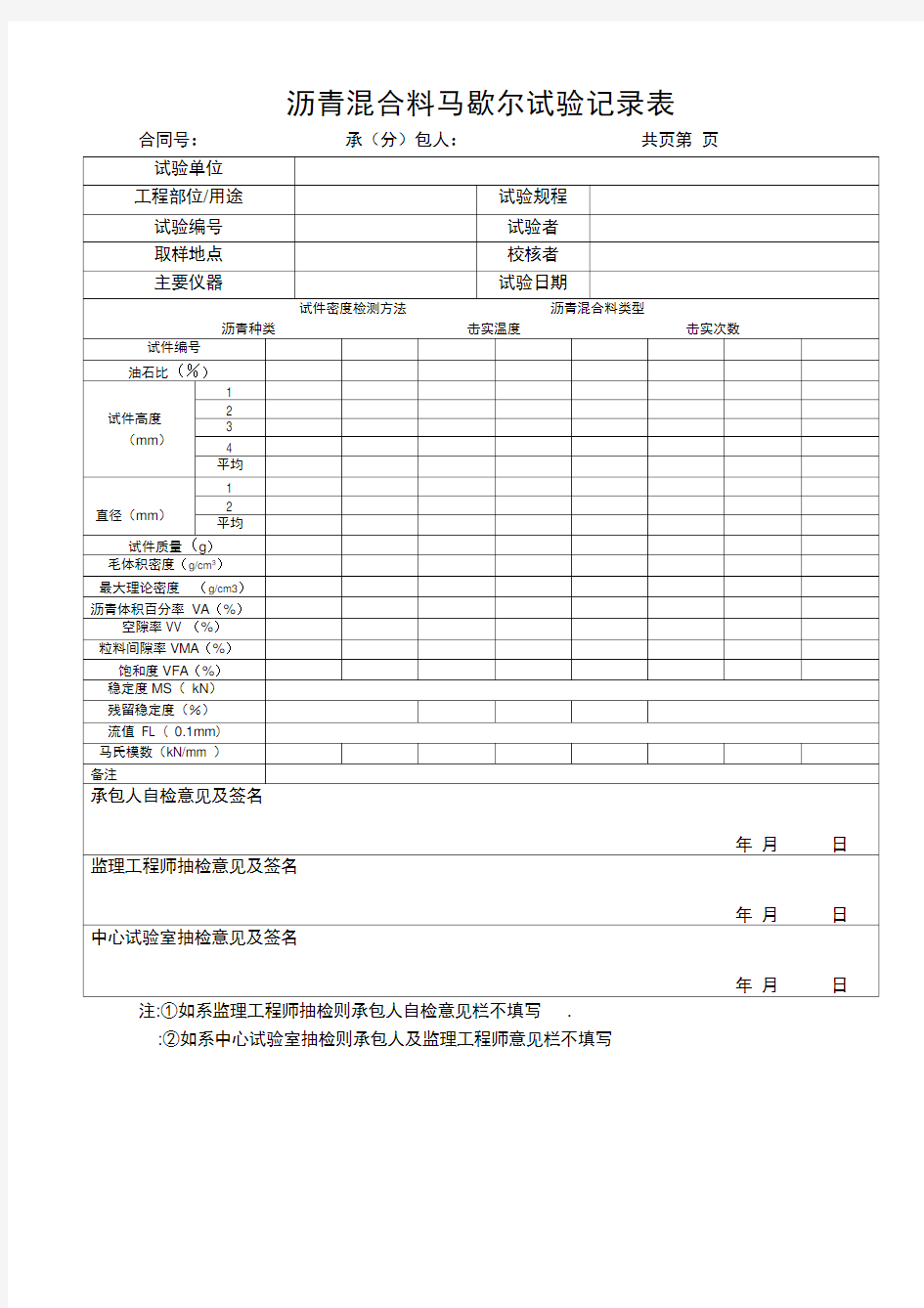 沥青混合料马歇尔试验记录表