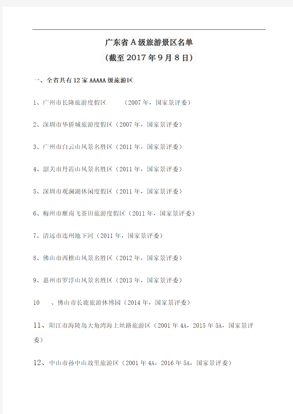 广东省A级旅游景区名录截至