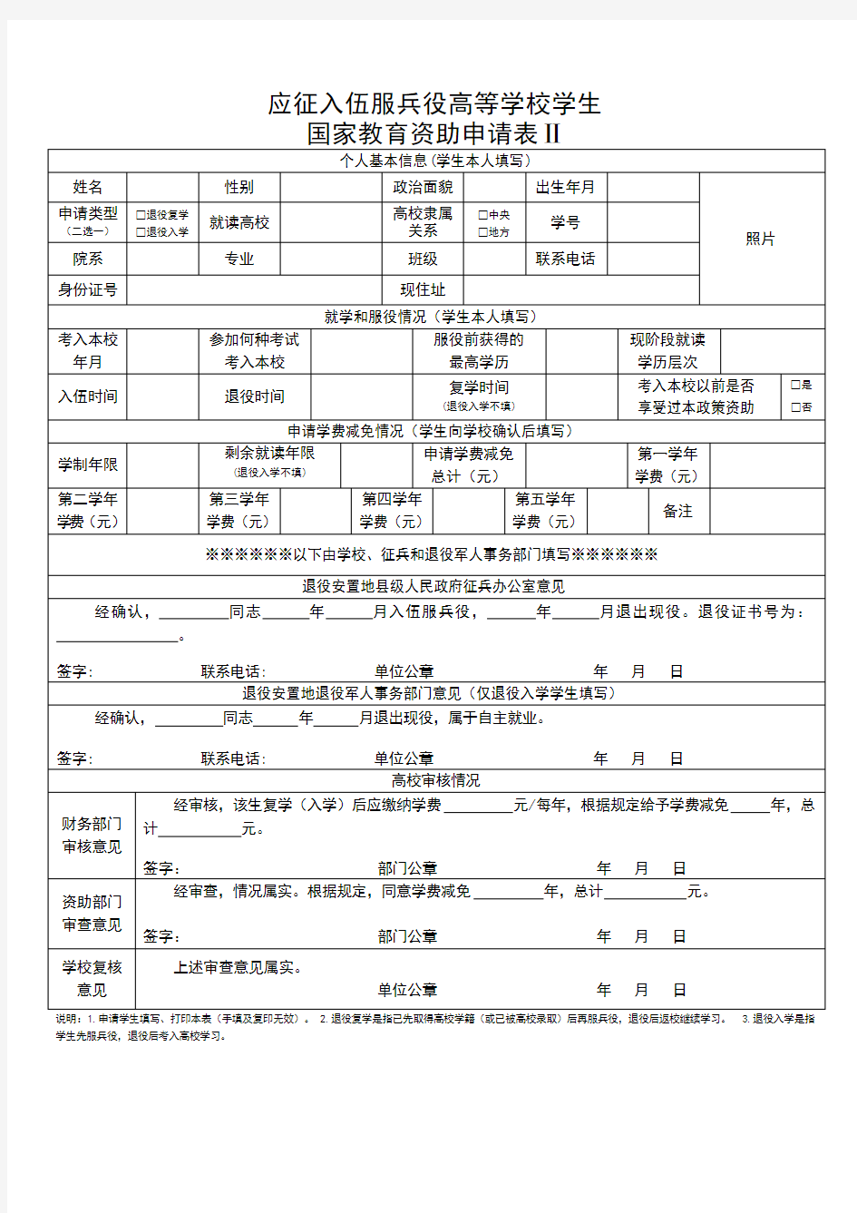 应征入伍服兵役高等学校学生国家教育资助申请表Ⅱ(退役生)