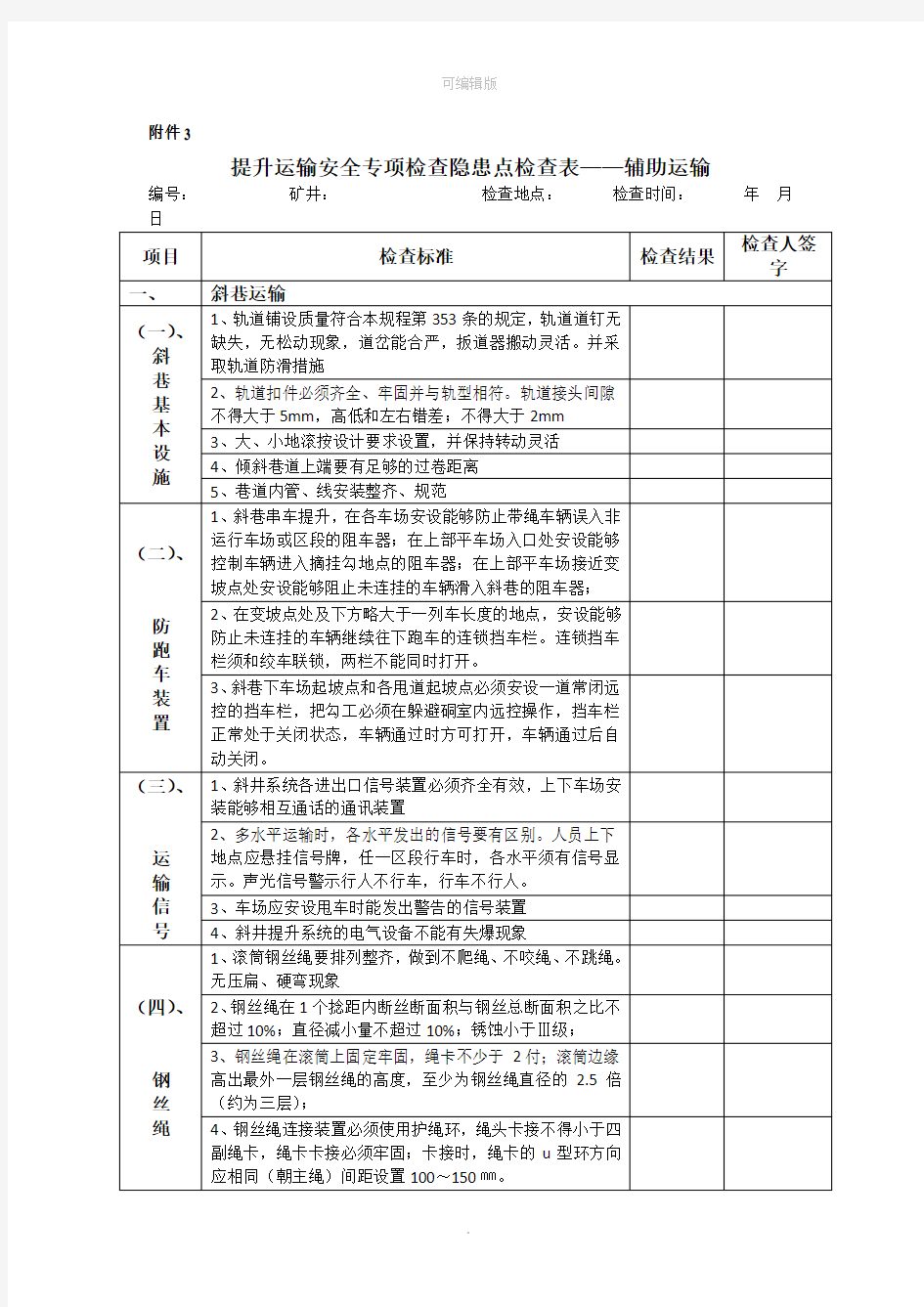 煤矿辅助运输安全检查表