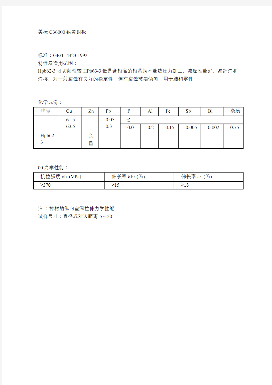 C36000铅黄铜板力学性能