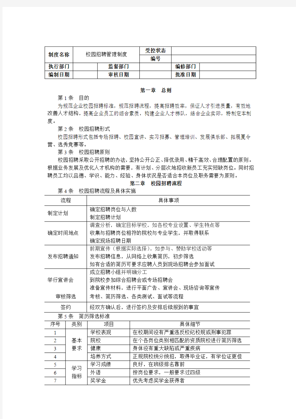 校园招聘流程及管理制度