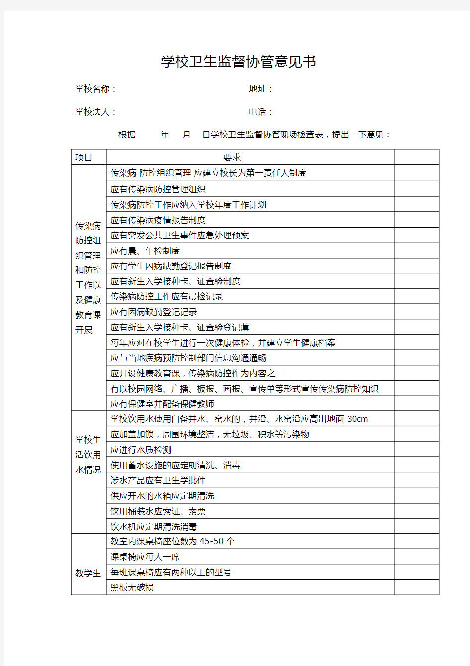 学校卫生监督协管意见书