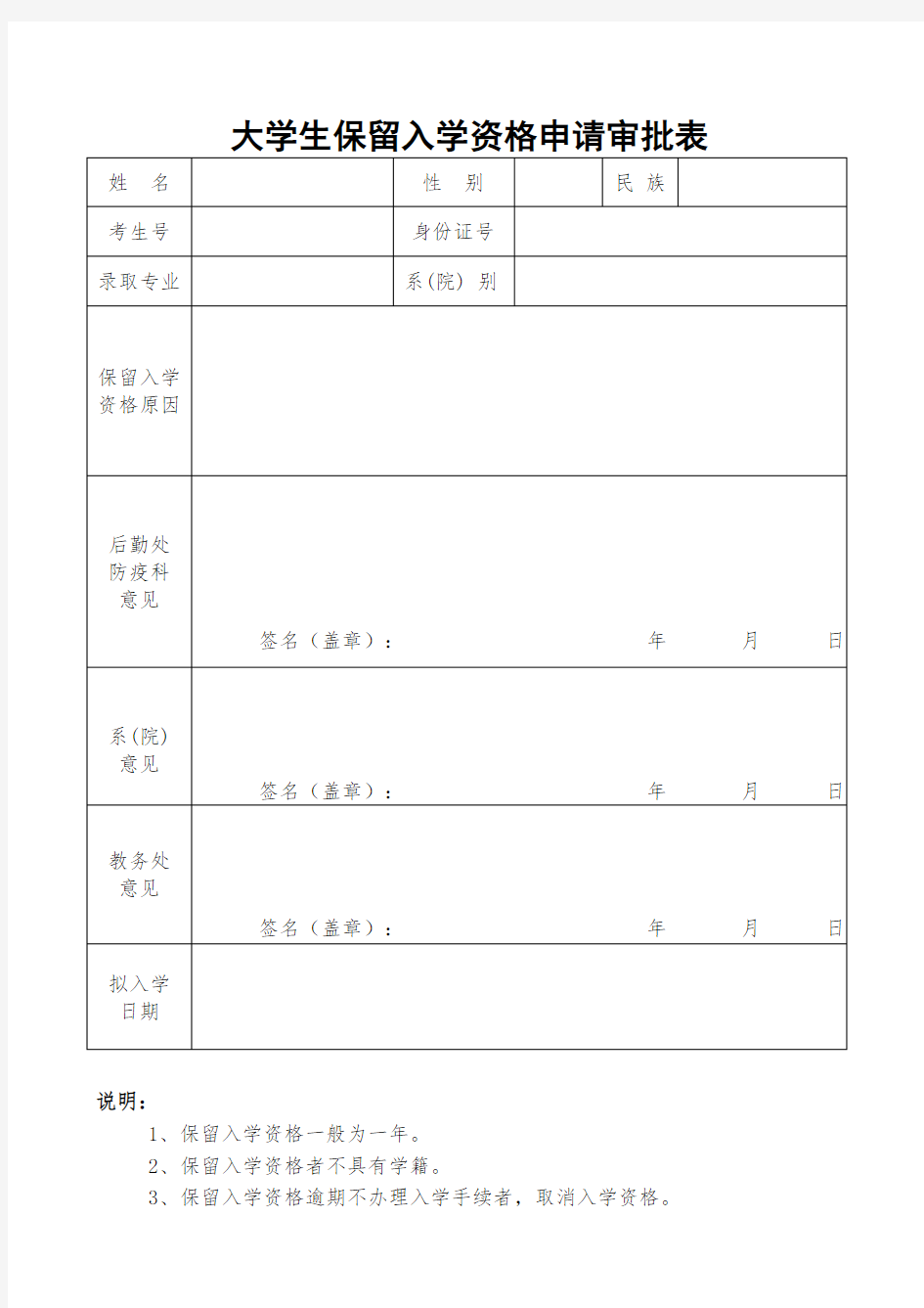 大学生保留入学资格申请审批表样表