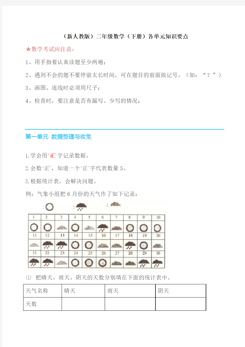 新人教版二年级数学下册单元知识点汇总(全书考点)