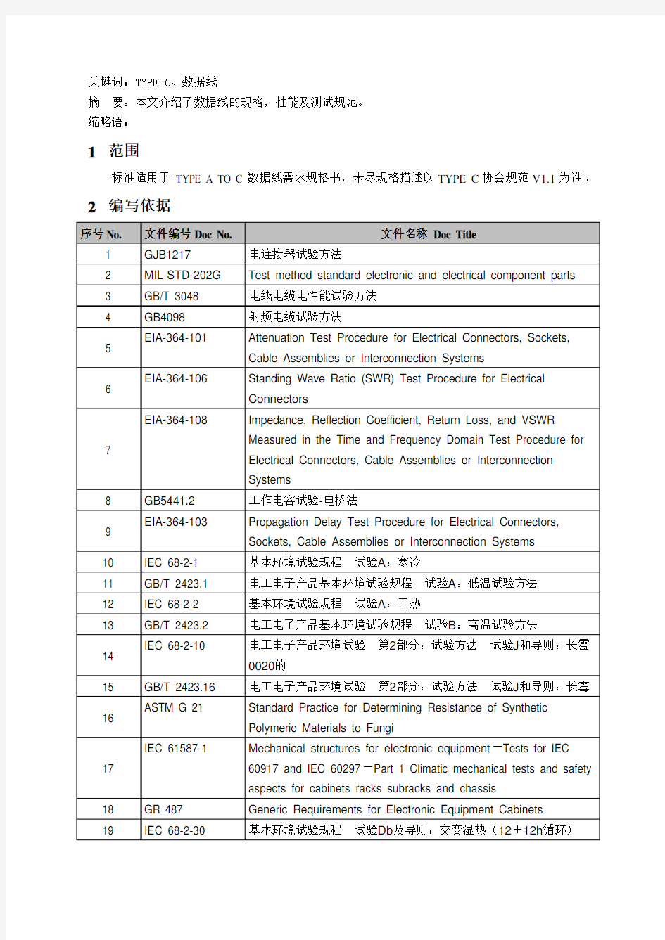 TYPE C数据线规格书