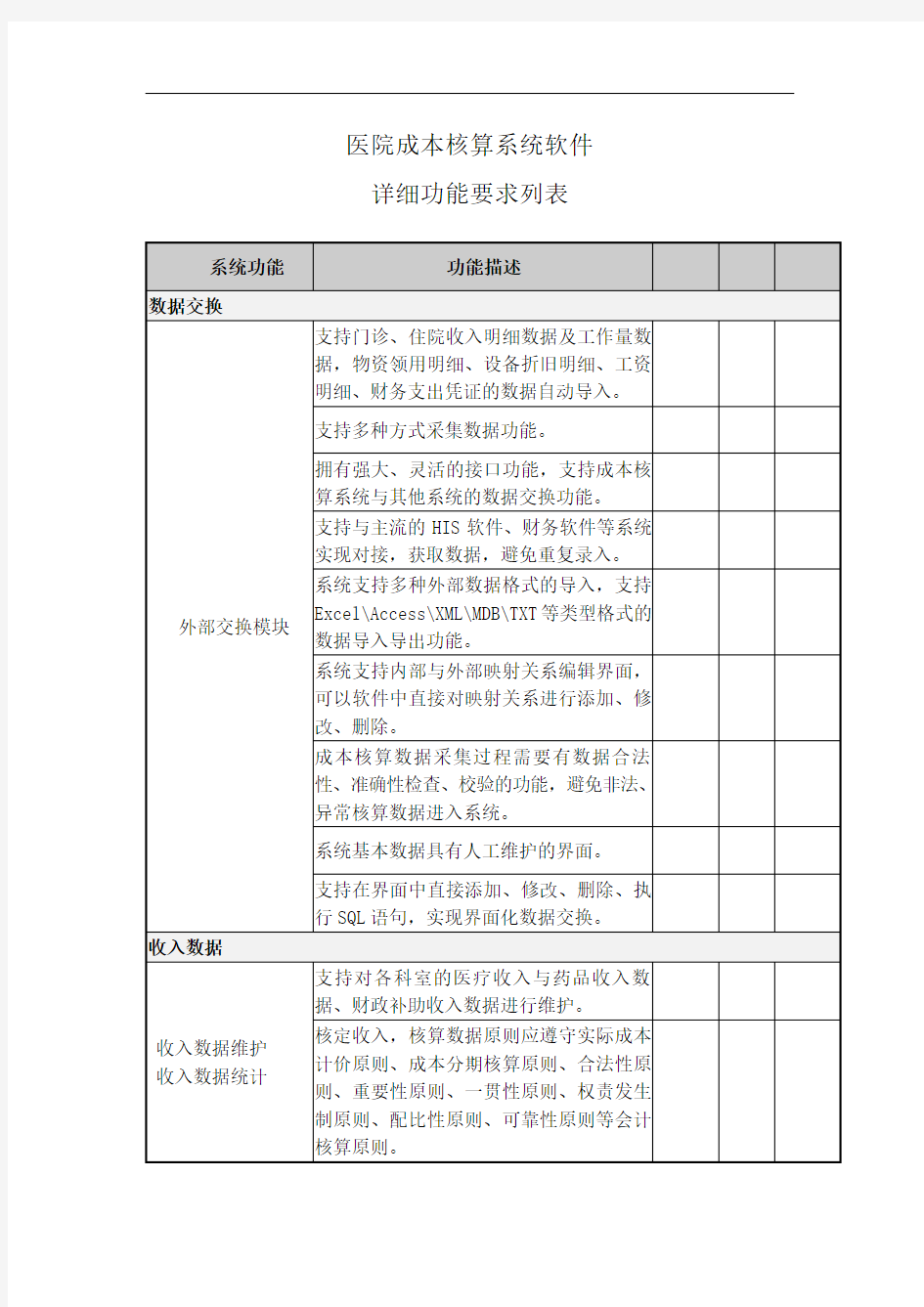 医院成本核算系统软件详细功能要求列表