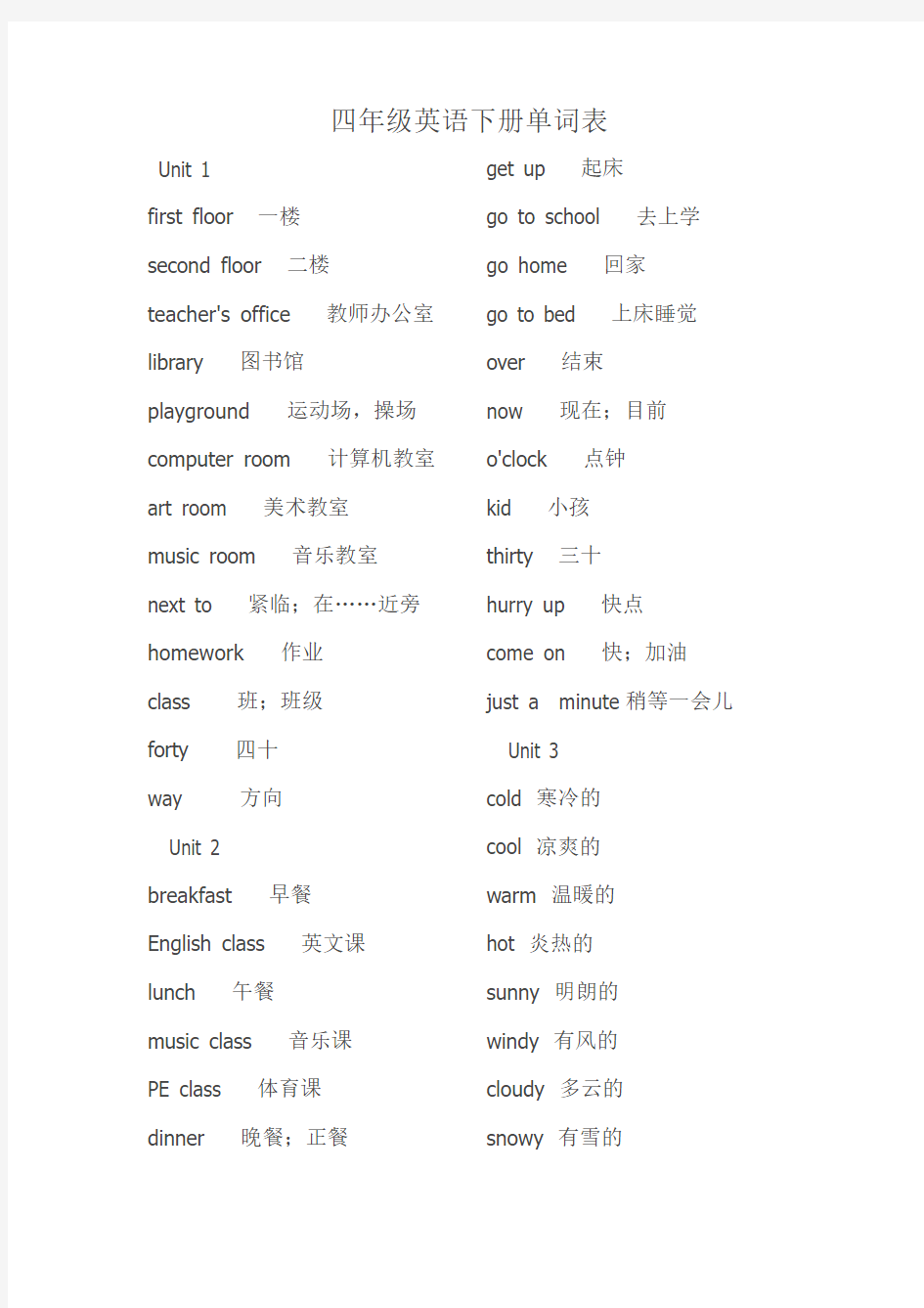 PEP人教版小学四年级英语下册全册单词表带音标