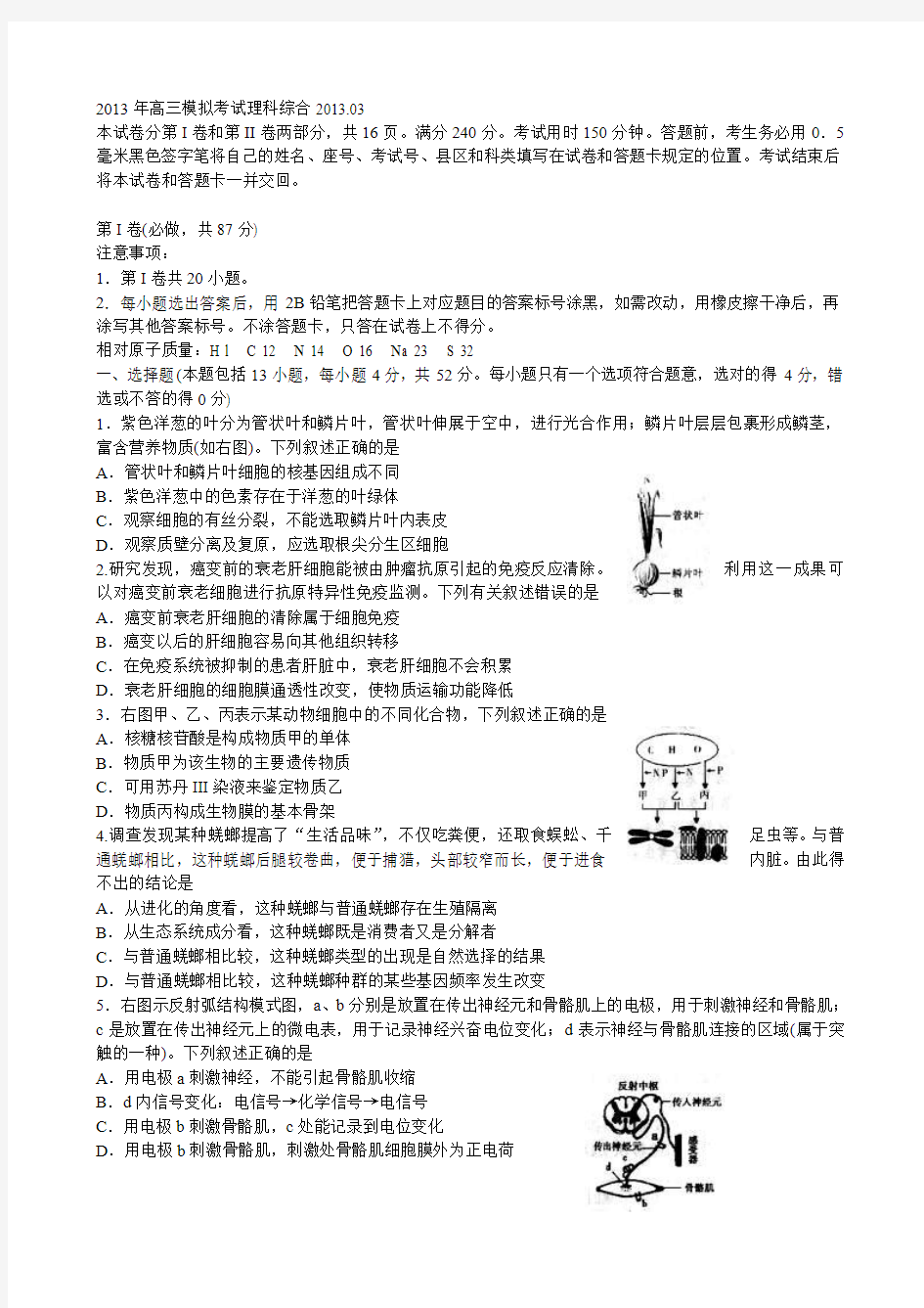 2013年高三模拟考试理科综合2013.03