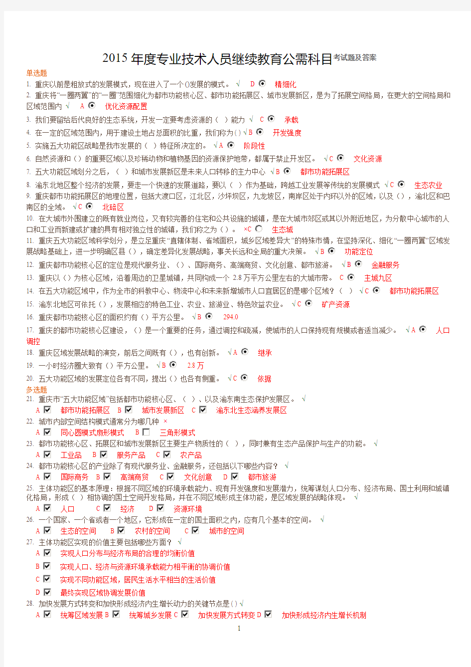 2015年度专业技术人员继续教育公需科目考试题及答案