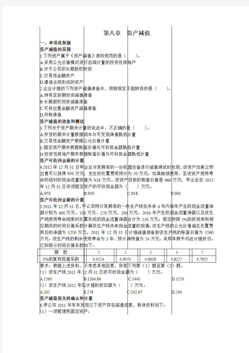 第八章 资产减值 单元测试(下载版)