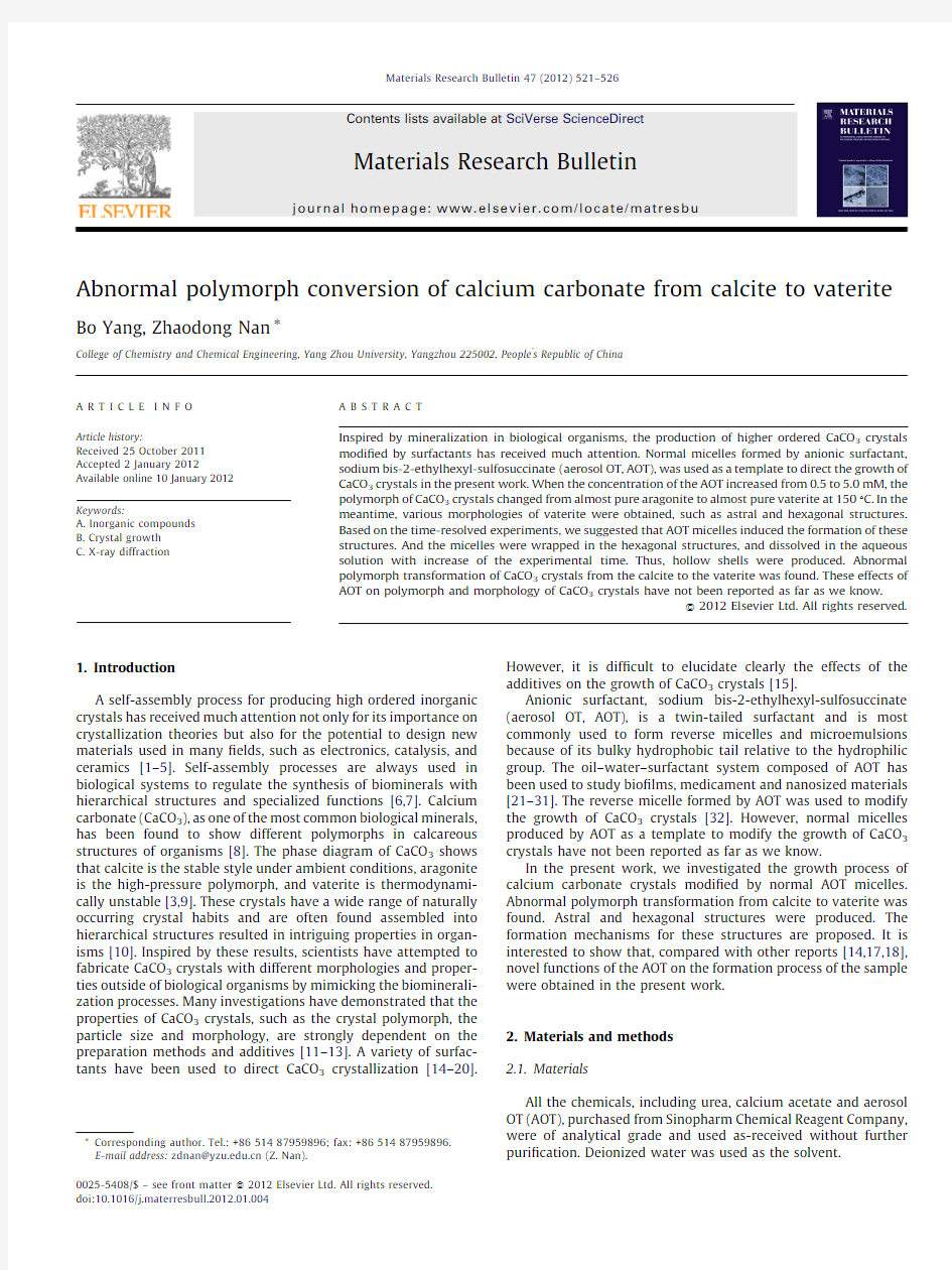 Abnormal polymorph conversion of calcium carbonate fromcalcite to vaterite