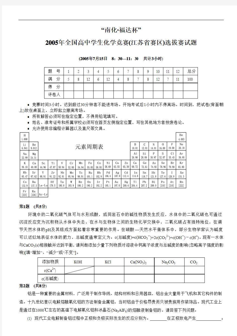 2005年全国高中学生化学竞赛(江苏省赛区)选