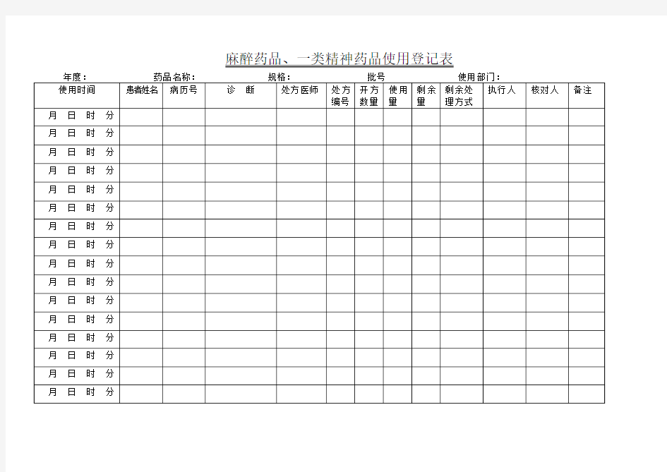 麻醉药品一类精神药品使用登记表