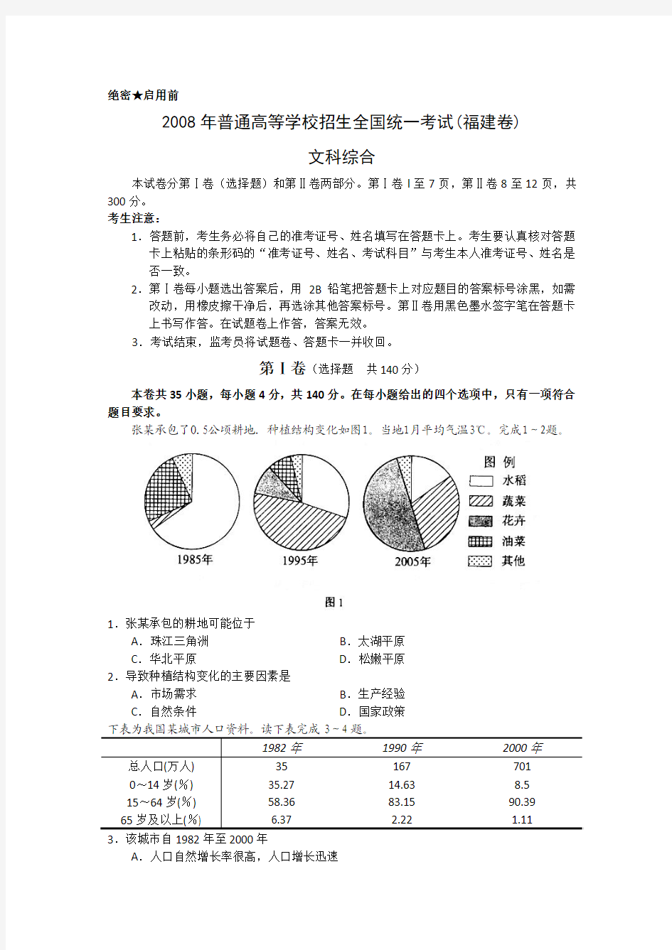 2008年福建省高考文综试卷