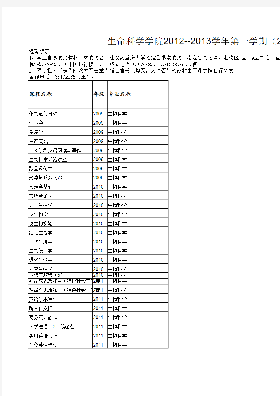 生命科学学院-教材清单