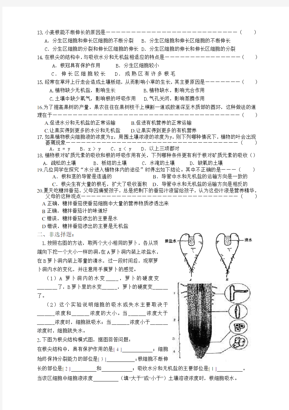 初中八年级生物根、茎的形态结构与生理