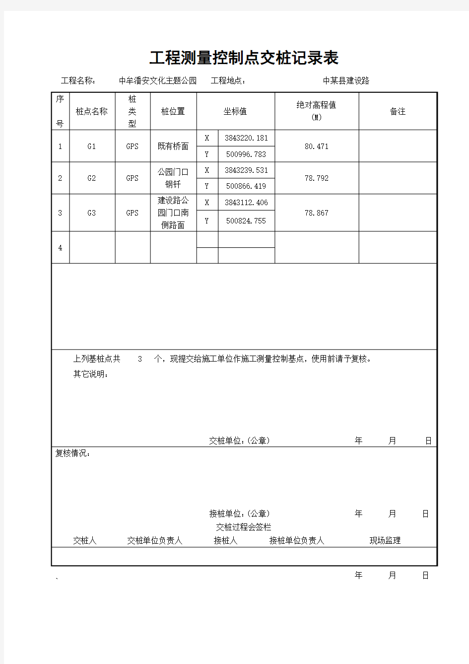 工程测量 控制点交桩记录表