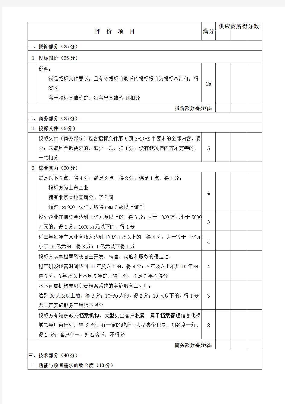 软件项目招标评分细则