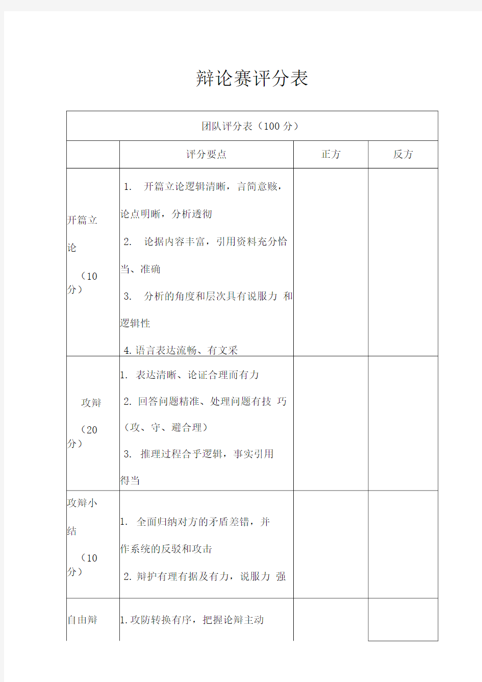 辩论赛评分表