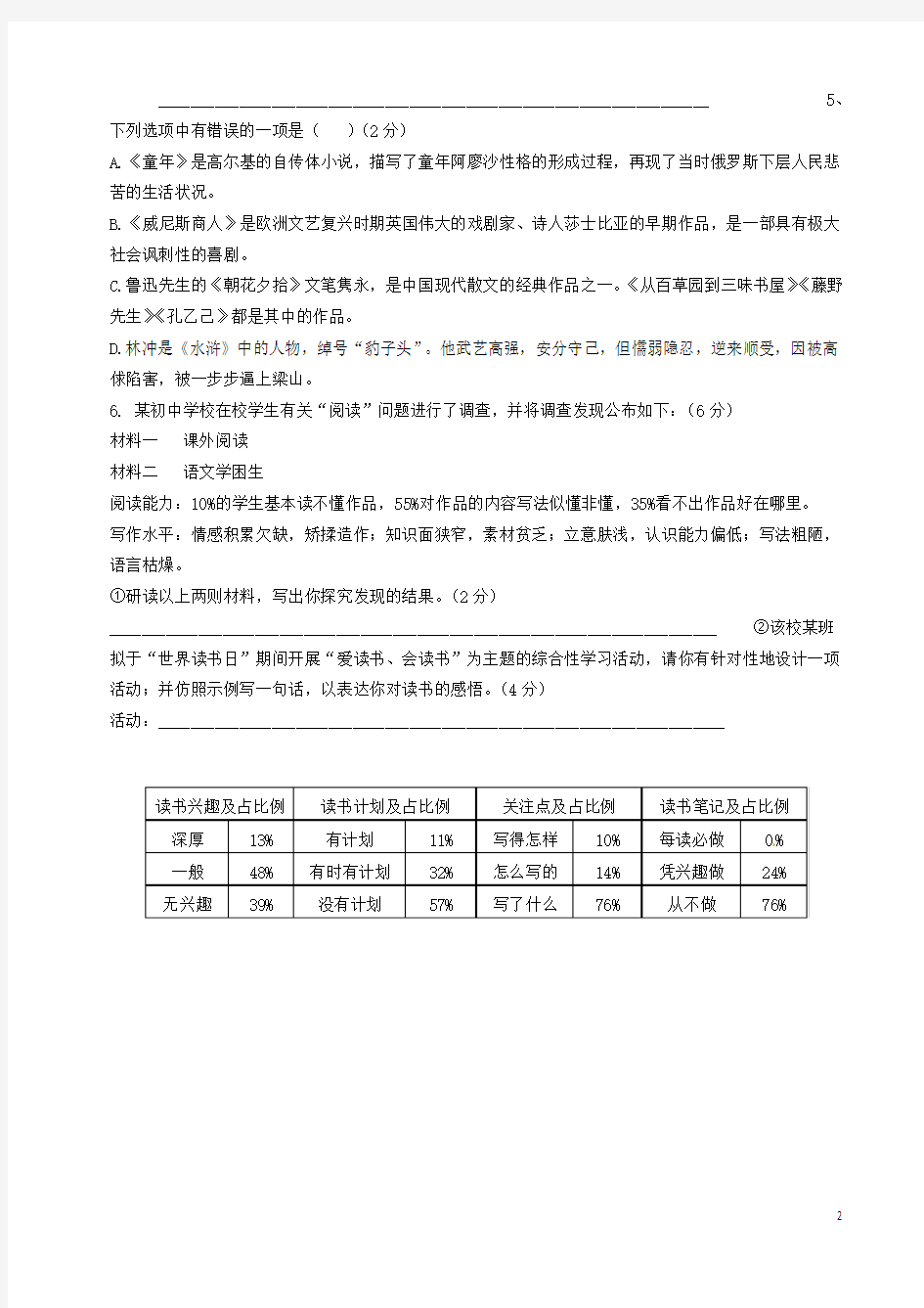 高一语文入学考试试题