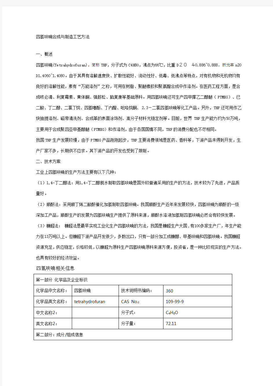 四氢呋喃合成与制造工艺方法