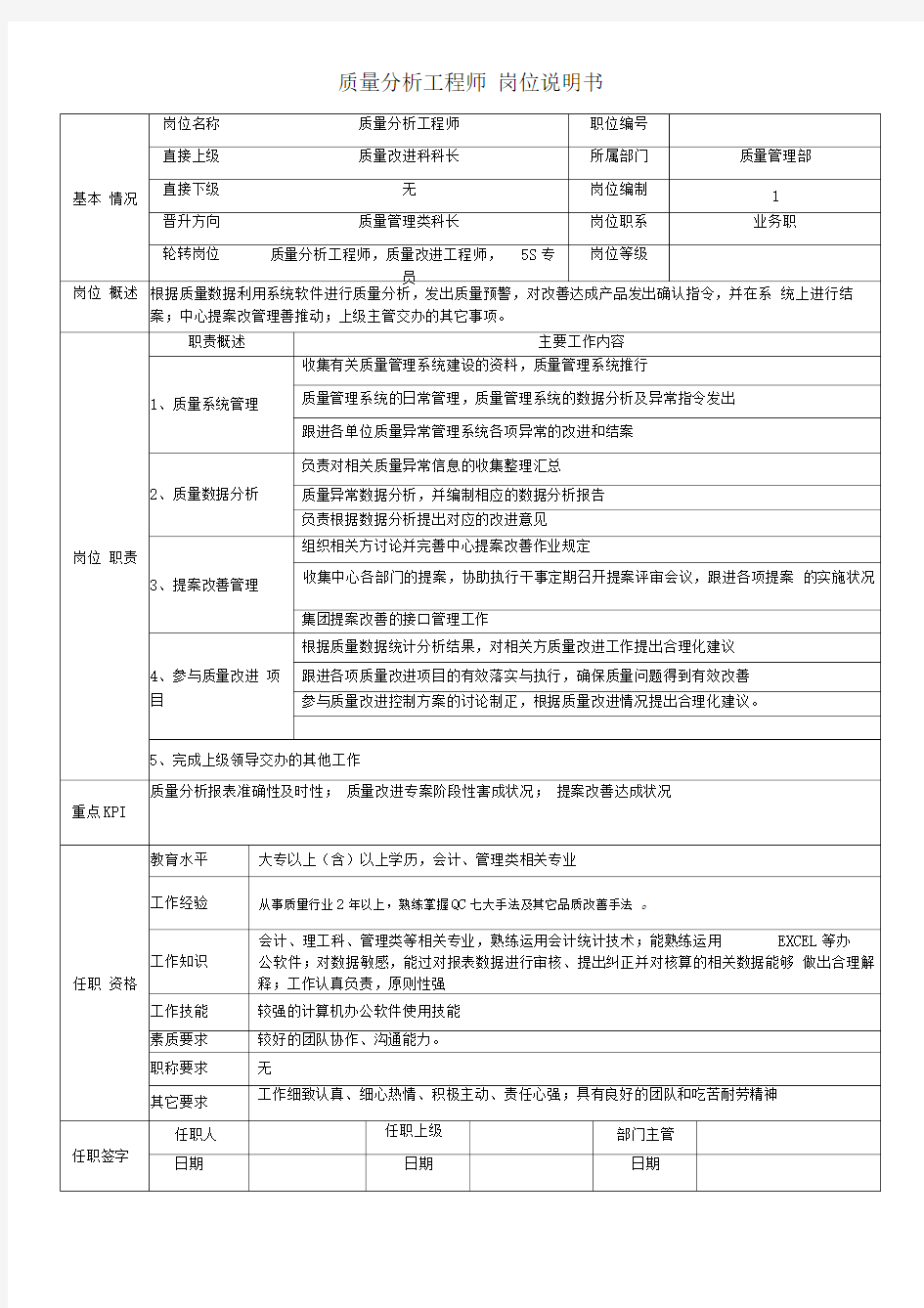 质量分析工程师岗位说明书