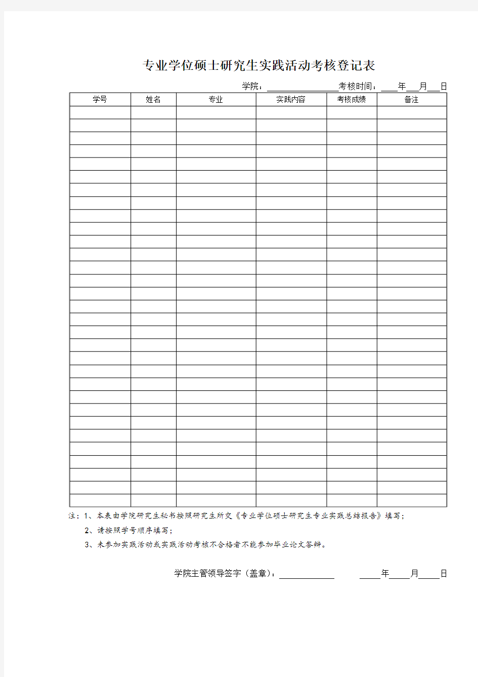 专业学位硕士研究生实践活动考核登记表