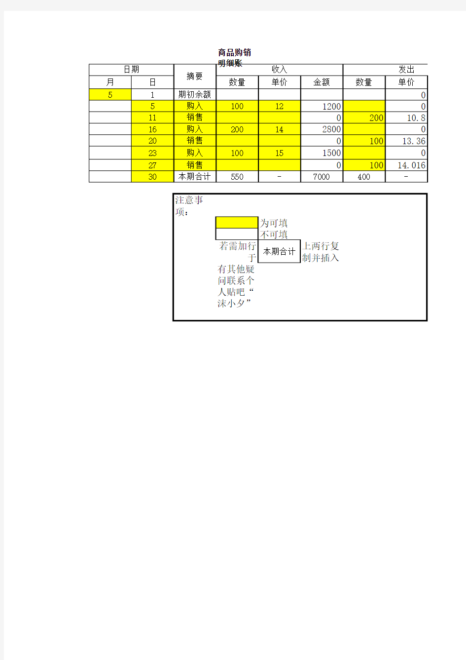 移动加权平均法自动计算表