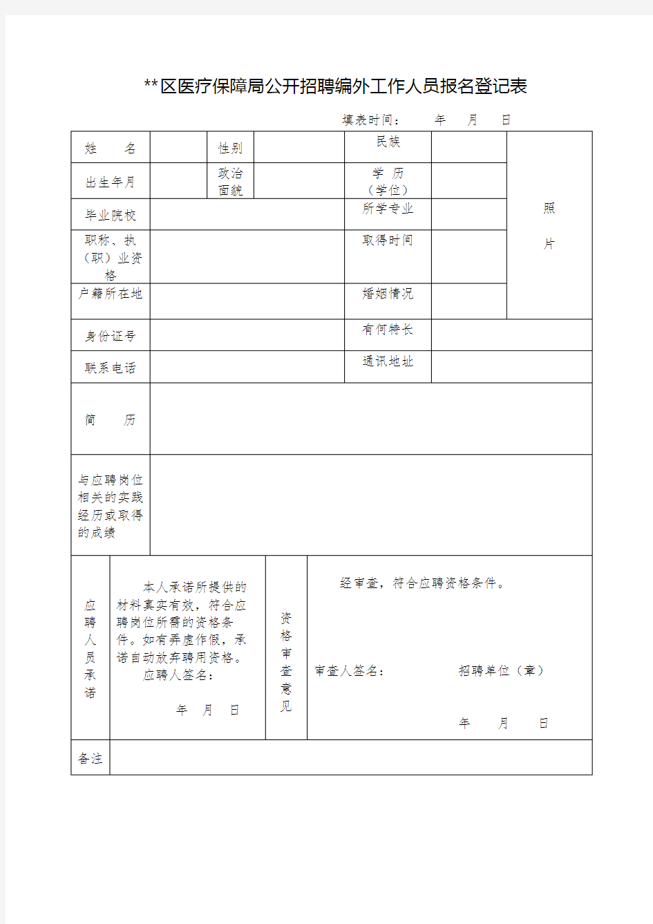 XX区医疗保障局公开招聘编外工作人员报名登记表【模板】