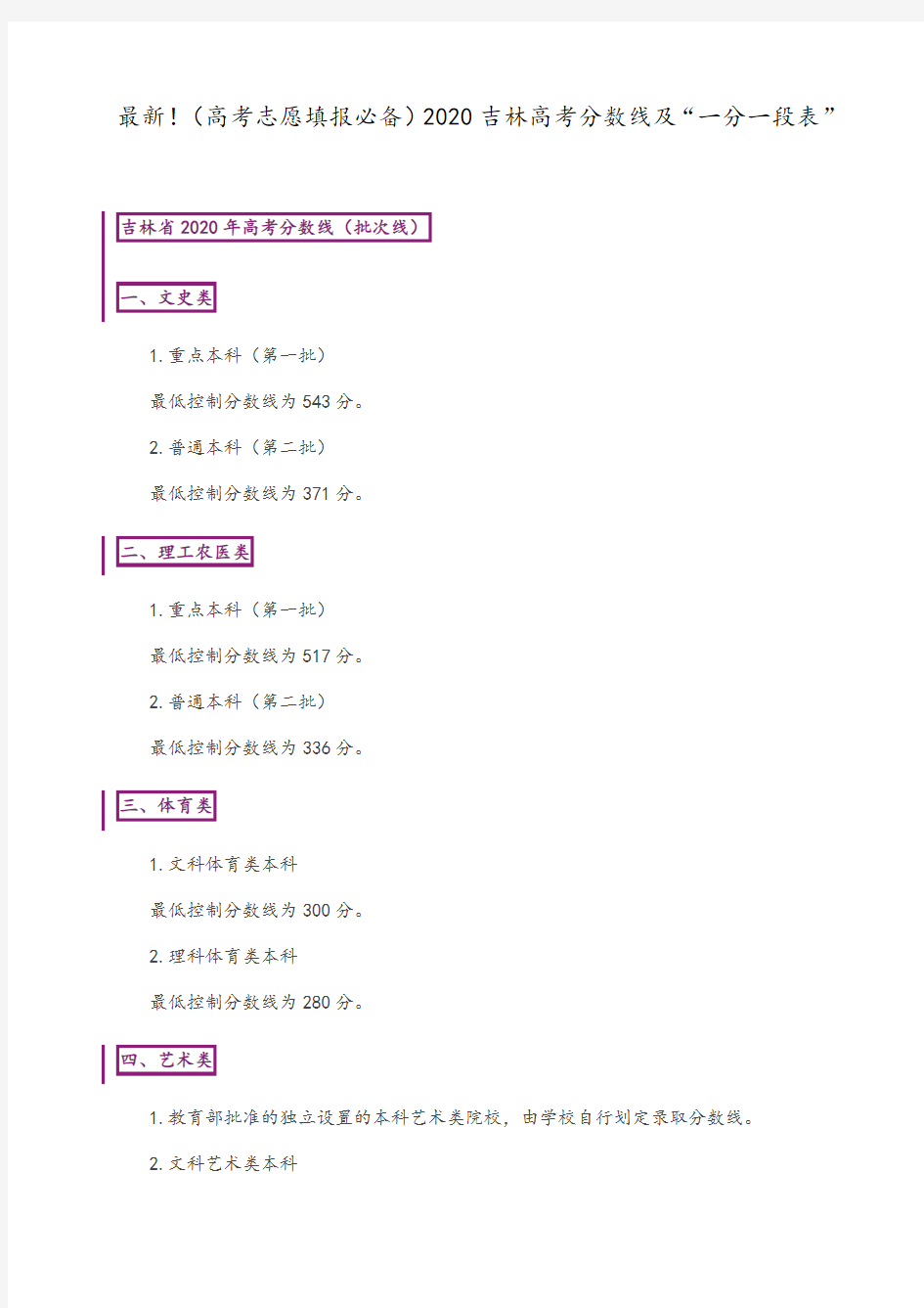 最新!(高考志愿填报必备)2020吉林高考分数线及“一分一段表”