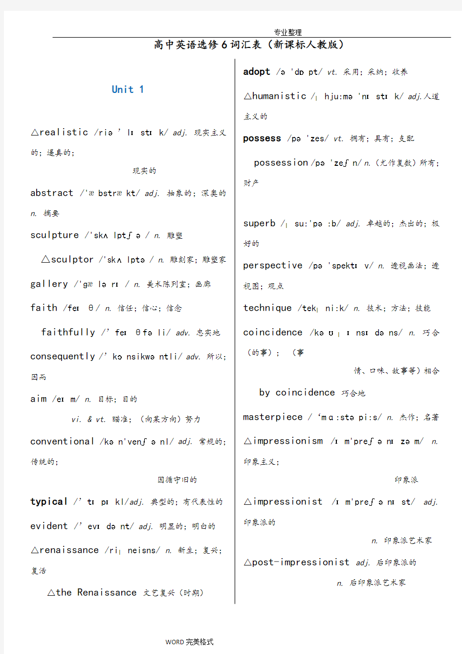 人版高中英语选修6单词表带音标