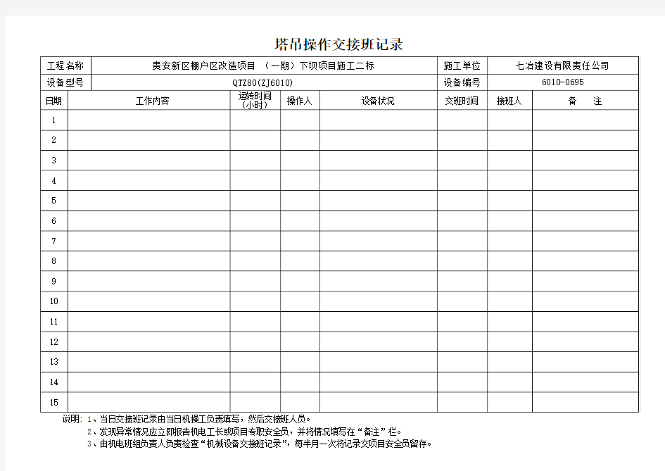 塔吊操作交接班记录
