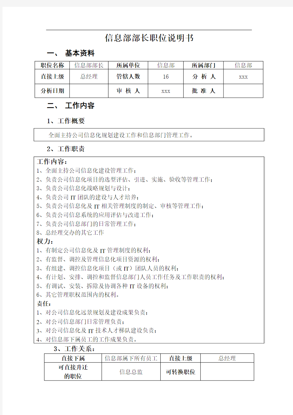 信息部部长职位说明书