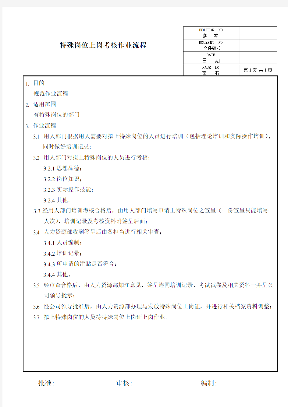 特殊岗位上岗考核作业流程